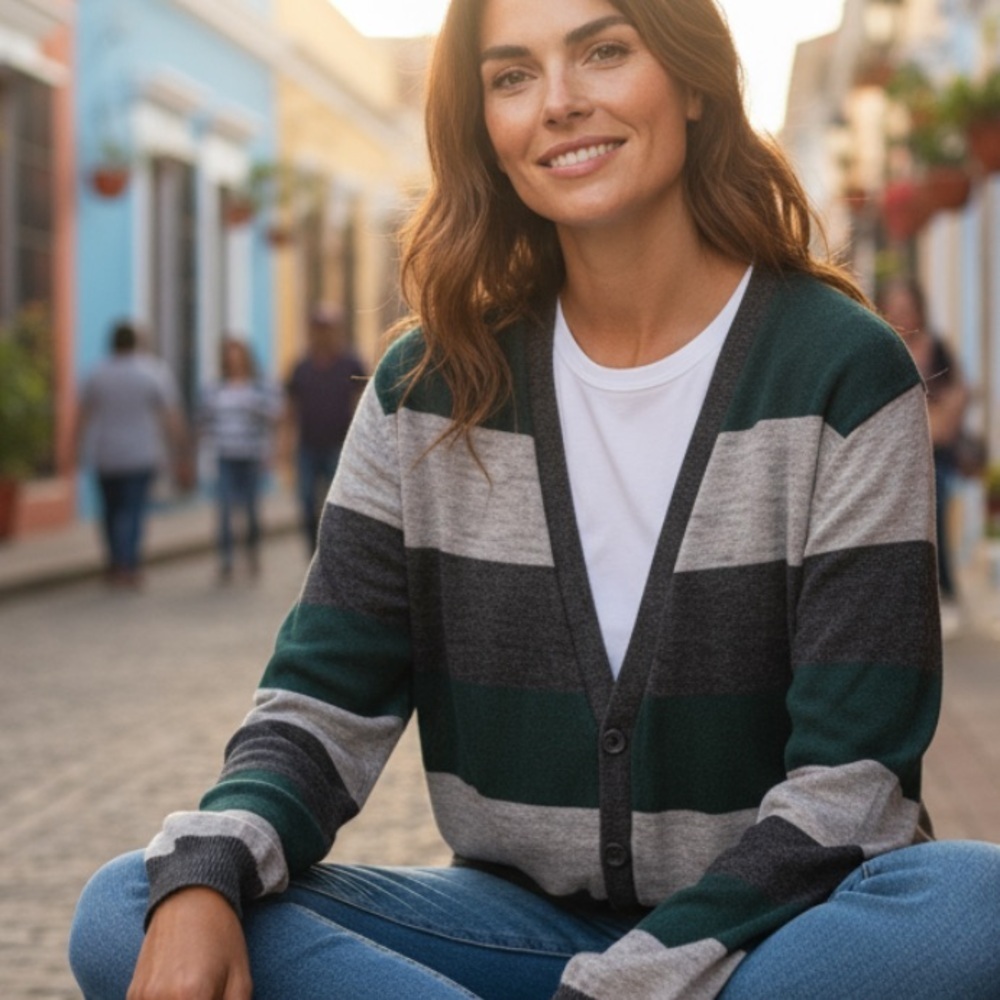 Divided Button Cotton Striped Cardigan Sweater